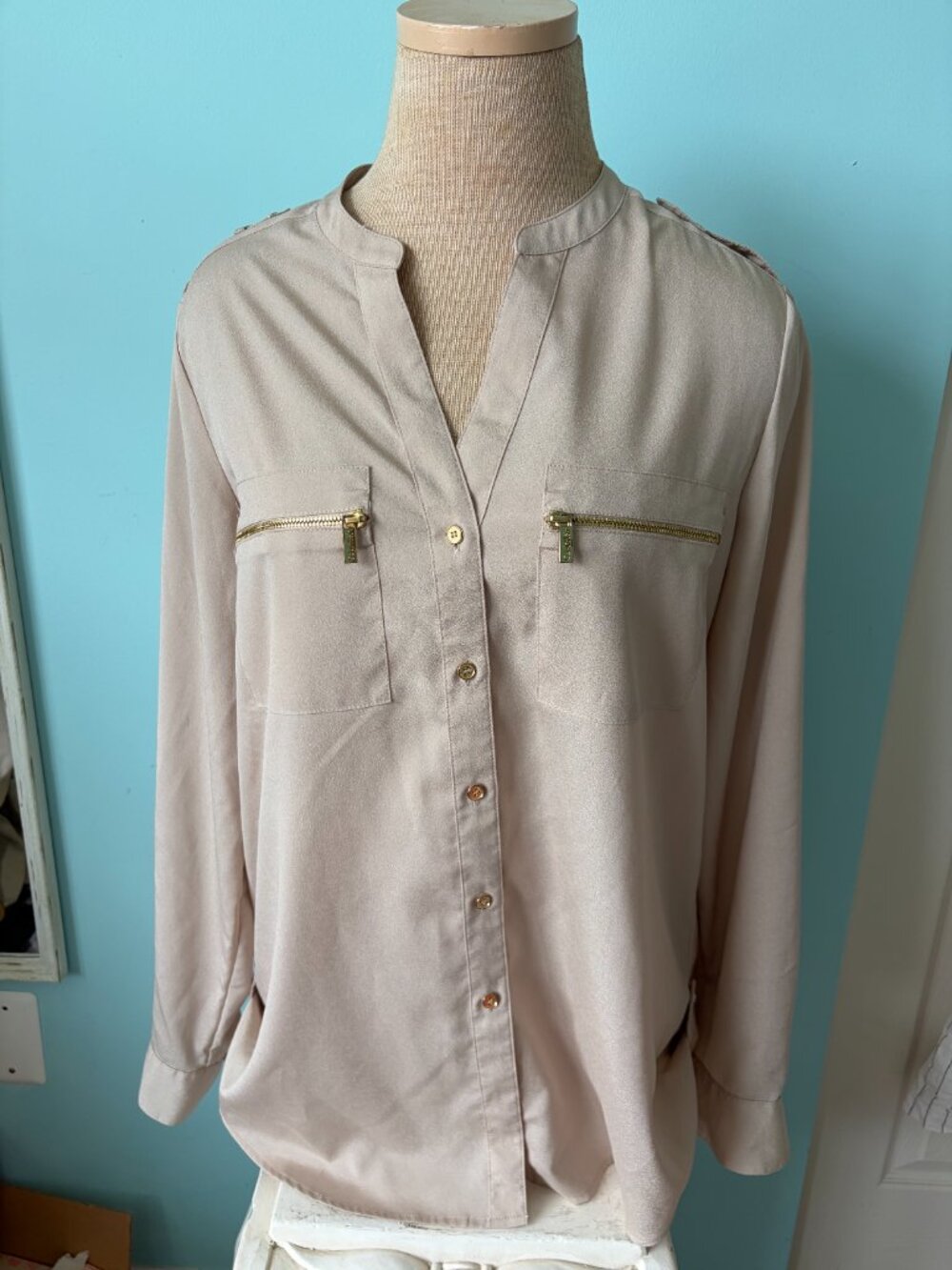 Calvin Klein light taupe button down utility blouse w/ gold hardware